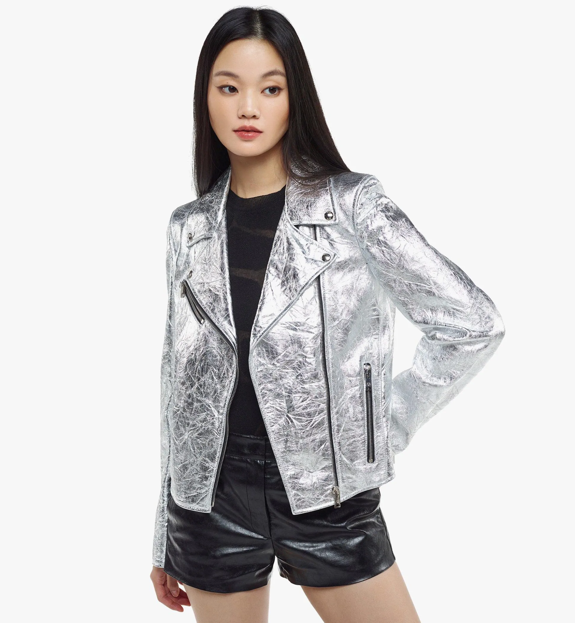 Bikerjacke In Metallic-Lammleder Fur Damen