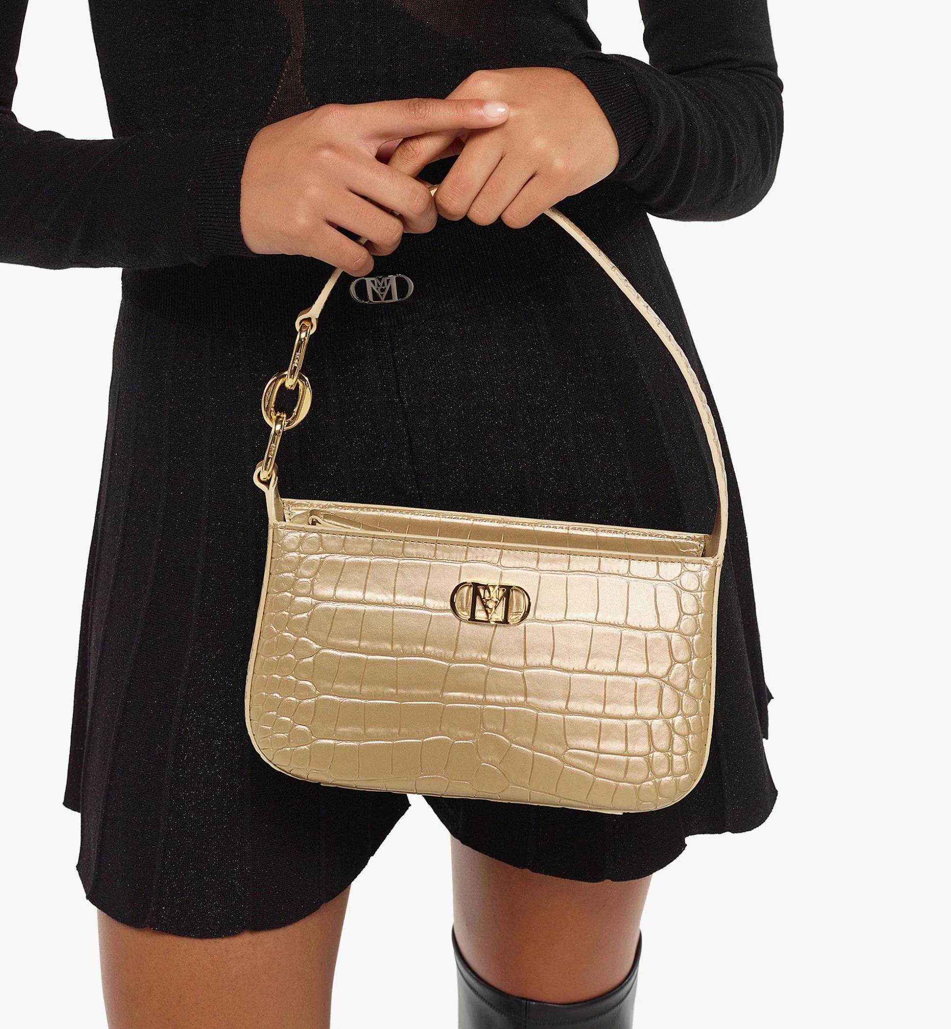 Mode Travia Schultertasche Aus Goldenem Leder Mit Kroko-Pragung